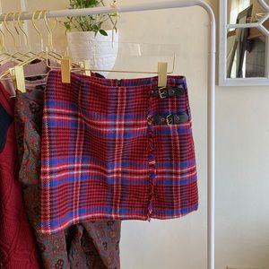 Red and blue plaid miniskirt with black buckle